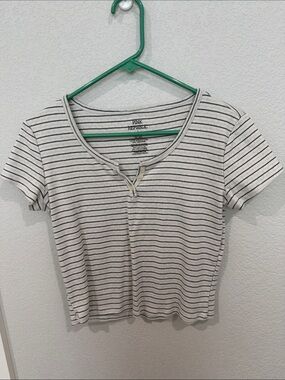 Pink Republic Cream Short Sleeve Henley with Navy and Pink Stripes